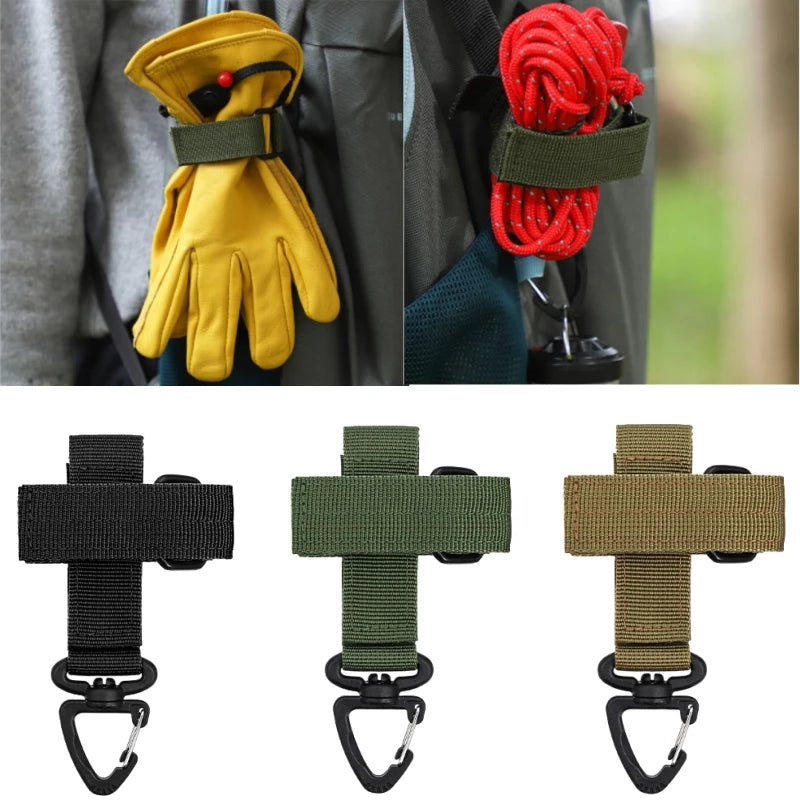 Three tactical nylon glove hooks in black, olive green, and tan are shown for storage or climbing.