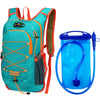 A teal outdoor backpack with orange accents next to a blue portable water purification filter bag and hose.