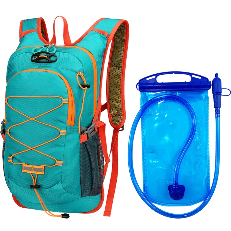 A teal outdoor backpack with orange accents next to a blue portable water purification filter bag and hose.