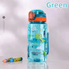 A transparent blue dinosaur silicone straw water bottle with an orange cap and various green and blue illustrations.