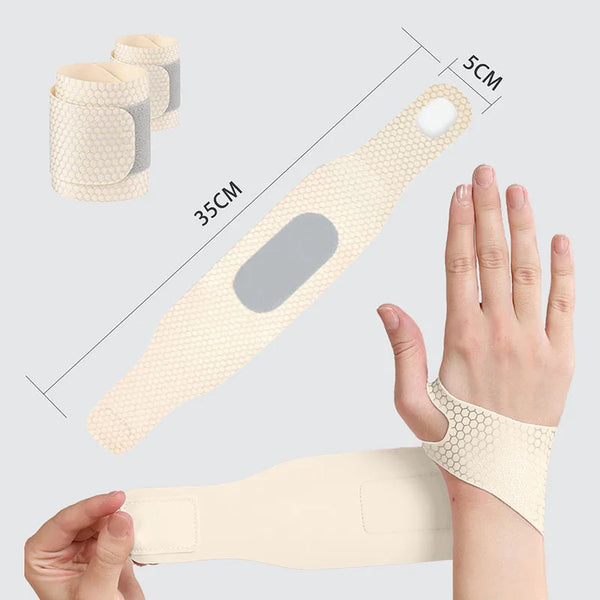 A hand is shown wearing an ultra-thin beige spandex wrist guard for joint support.