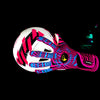 A pair of high-performance goalkeeper gloves featuring a vibrant pattern of pink, blue, and black stripes against a black bac