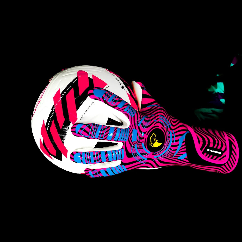 A pair of high-performance goalkeeper gloves featuring a vibrant pattern of pink, blue, and black stripes against a black bac