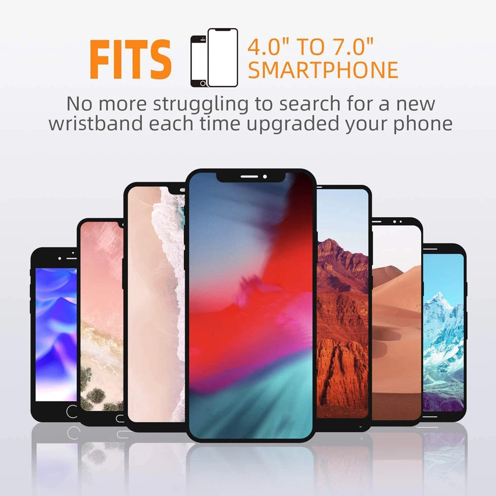 A display showing various smartphone sizes and a wristband product for fitness