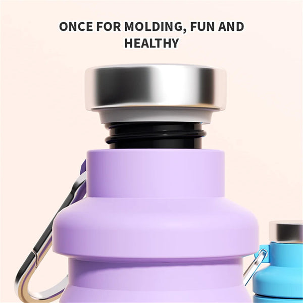 A purple silicone travel water bottle with a silver cap and a blue component is shown.