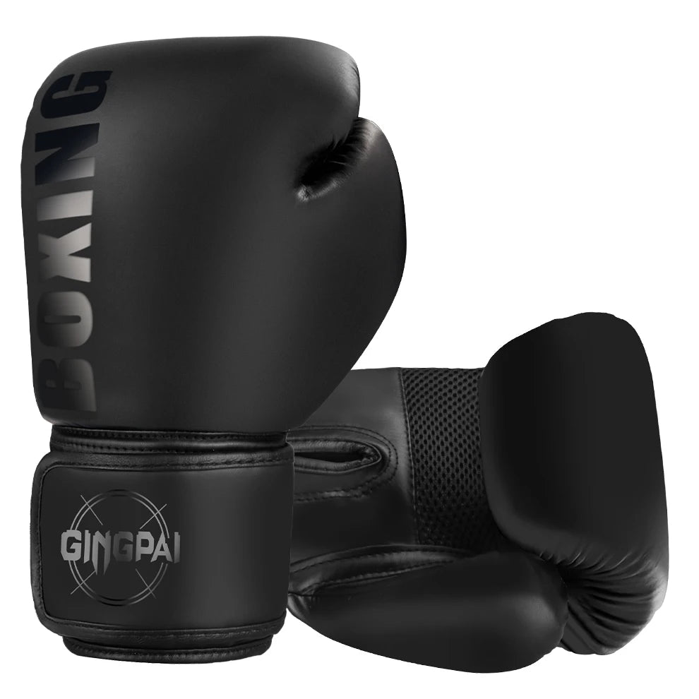 A pair of black boxing gloves shown in a close-up view.