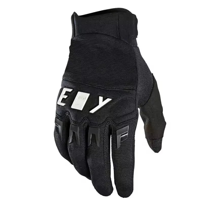 Black heavy duty full finger off-road motorcycle gloves shown against a white background