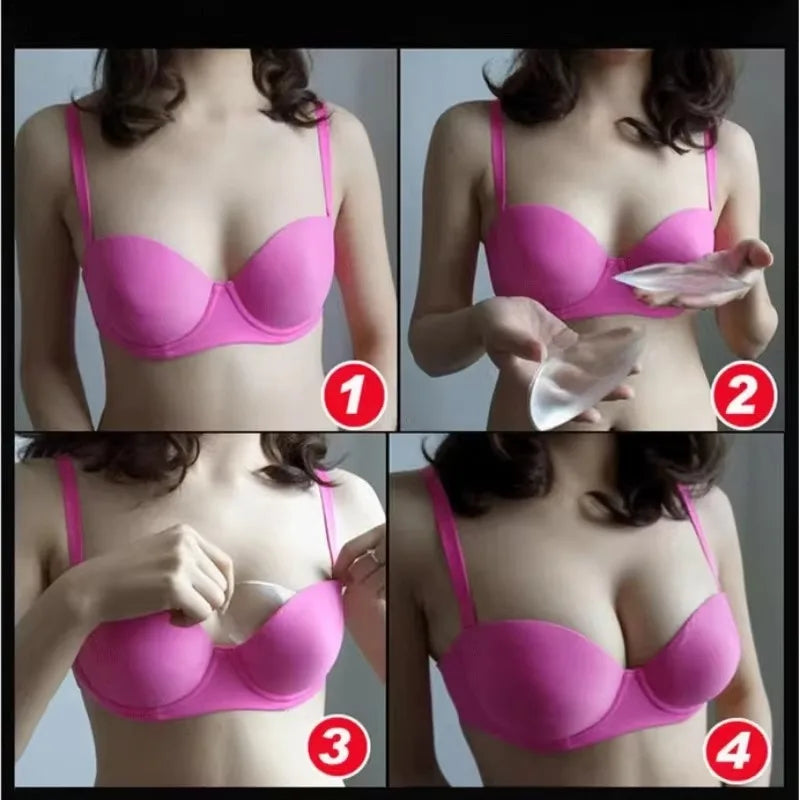 Vier Bilder von Silikon-BH- und Badeanzug-Pads in verschiedenen Pinktönen und Winkeln.