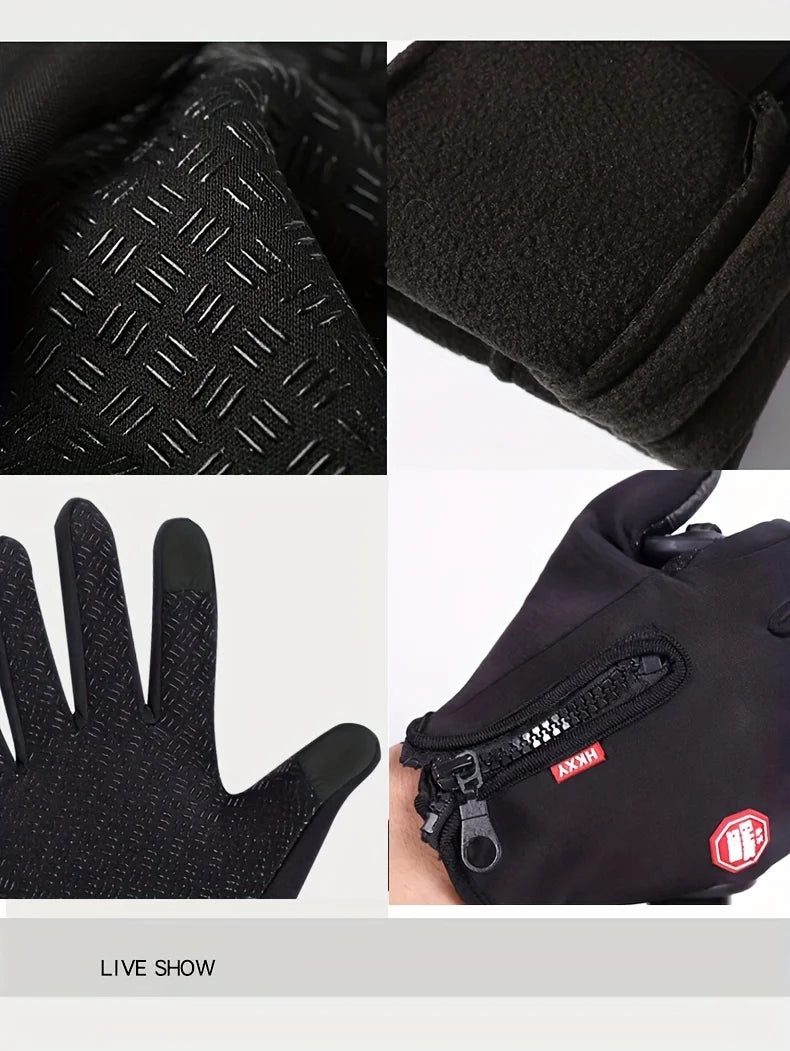 Black warm windproof outdoor cycling and driving gloves shown in detail.