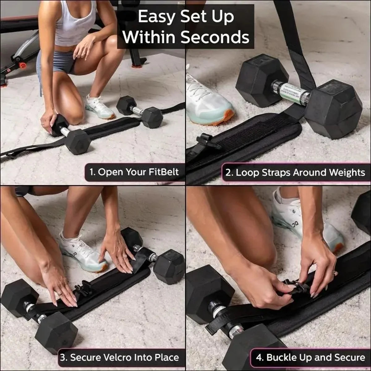 Instrucciones para configurar un cinturón ajustable con peso para entrenamiento de fitness.