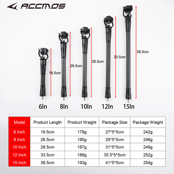 A lineup of adjustable carbon stabilizers for compound bows, ranging in length from 6 inches to 15 inches.