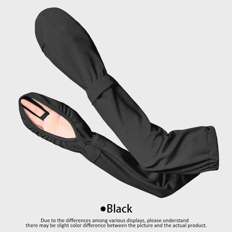 Black ice silk cooling arm sleeves shown flat, highlighting the long sleeve design.
