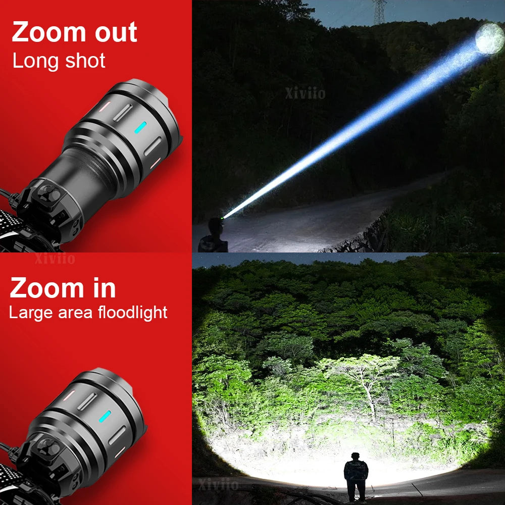 Demonstration of a zoomable LED headlamp showing a long shot and a zoomed-in floodlight beam in a natural environment.