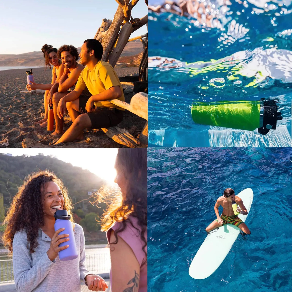 Eine Frau trinkt aus einer Wasserflasche in einer sonnigen Außenumgebung, während eine andere Person zusieht.