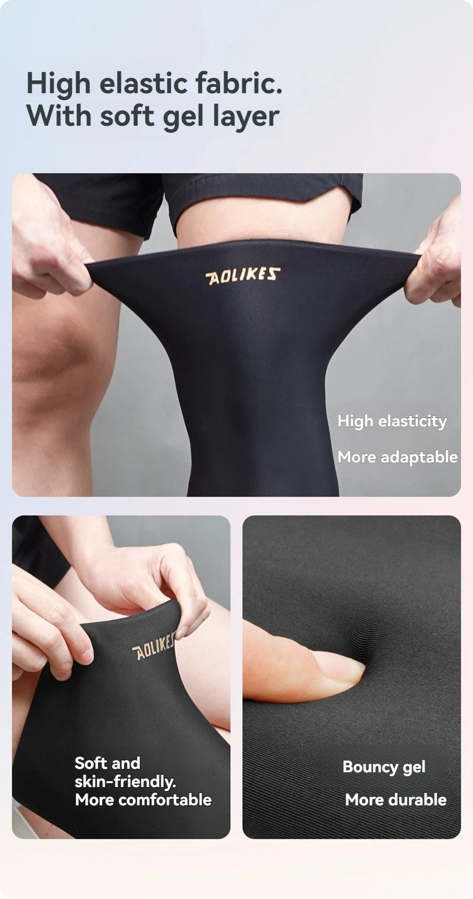 Black high elasticity knee sleeve with a soft gel layer shown on a person's leg.