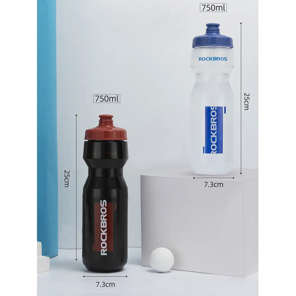 A white plastic sports water bottle and a black plastic water bottle are shown next to a white box.