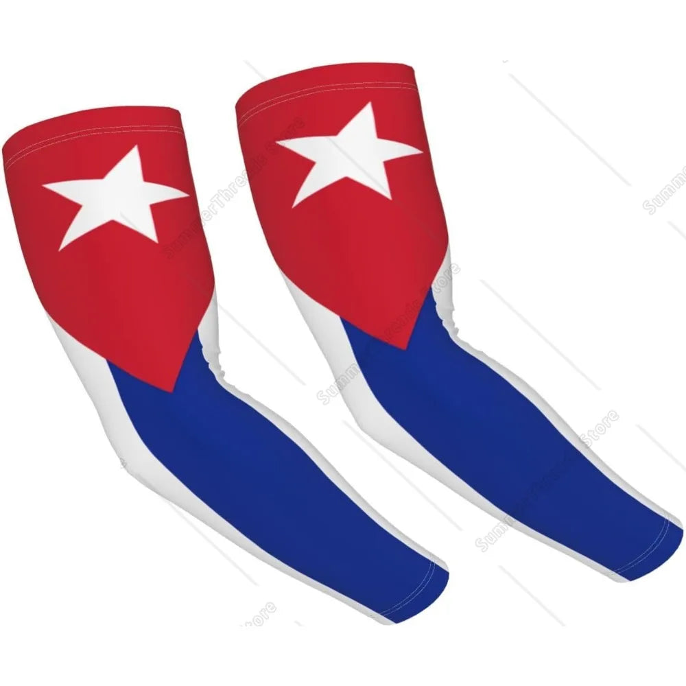 A pair of red and blue UV protection arm sleeves with white stars on the sleeve