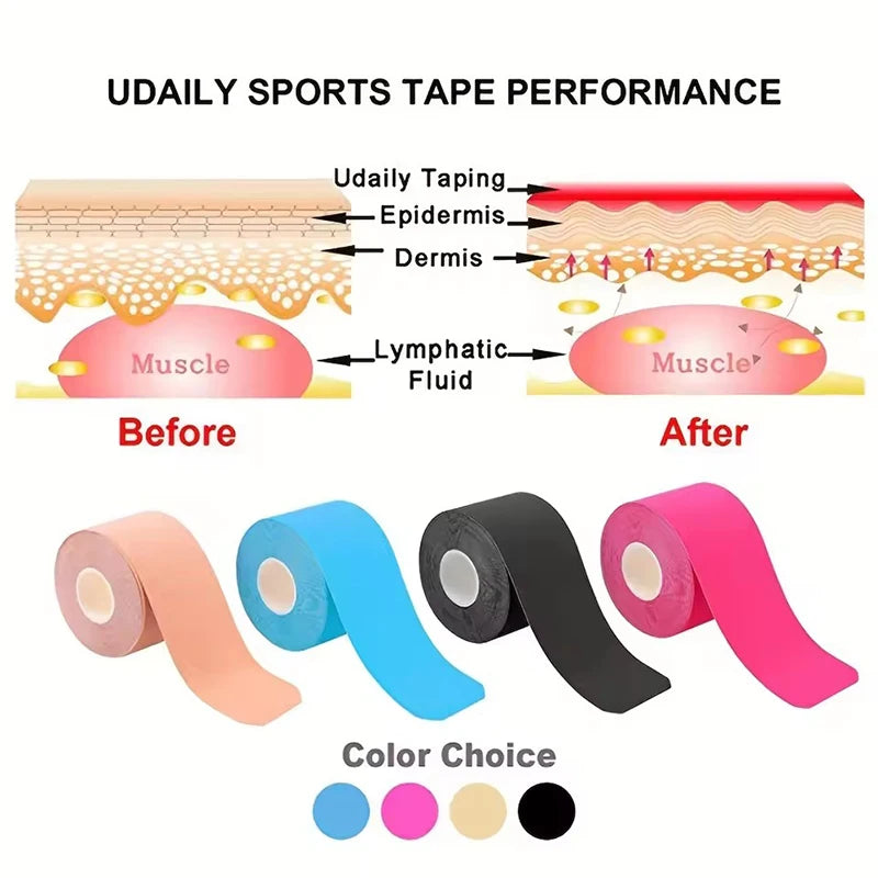 Rollos de cinta deportiva en varios colores demostrando antes y después del rendimiento muscular.