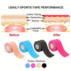 Rollos de cinta deportiva en varios colores demostrando antes y después del rendimiento muscular.