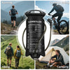 A reusable water bladder hydration bag is shown in various outdoor activities including running, outdoor riding, hiking, and 