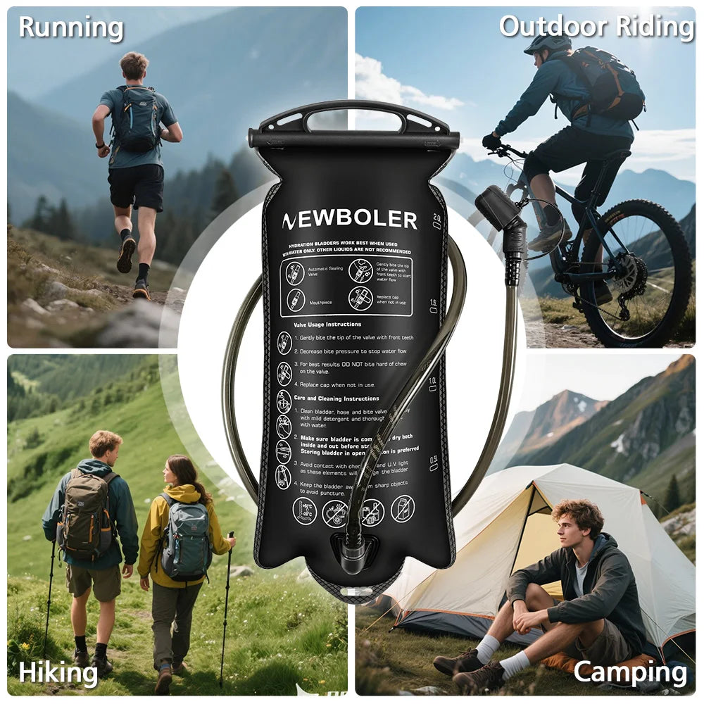 A reusable water bladder hydration bag is shown in various outdoor activities including running, outdoor riding, hiking, and 