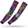 A pair of multi-use sports arm sleeves featuring a vibrant, patterned design for UV protection.