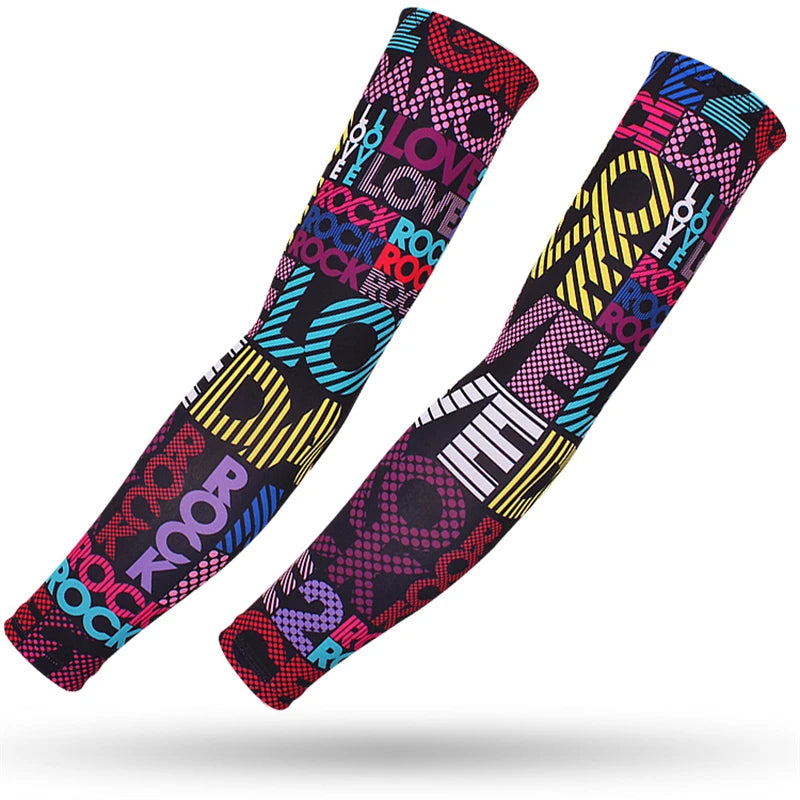 A pair of multi-use sports arm sleeves featuring a vibrant, patterned design for UV protection.