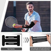 A man holding a tennis racket demonstrates the use of premium kinesiology support tape for joint relief.