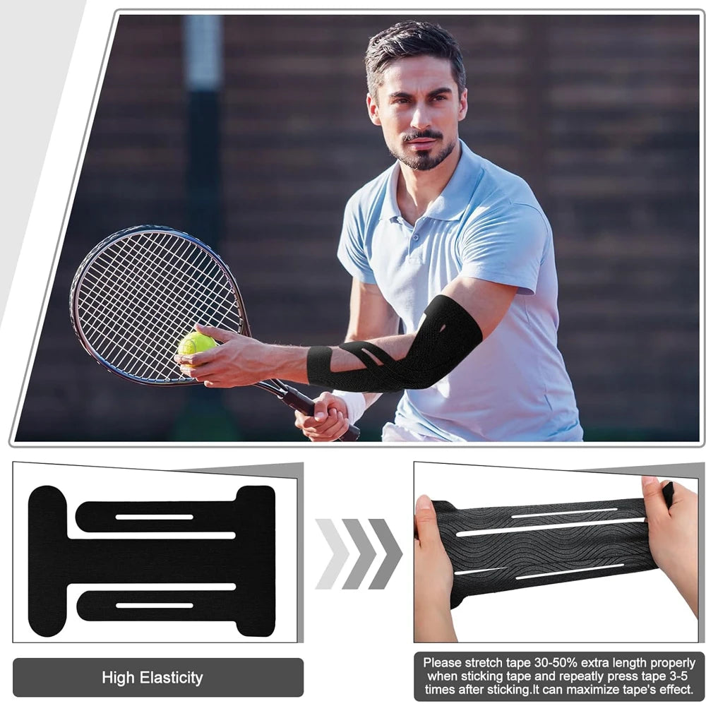 A man holding a tennis racket demonstrates the use of premium kinesiology support tape for joint relief.