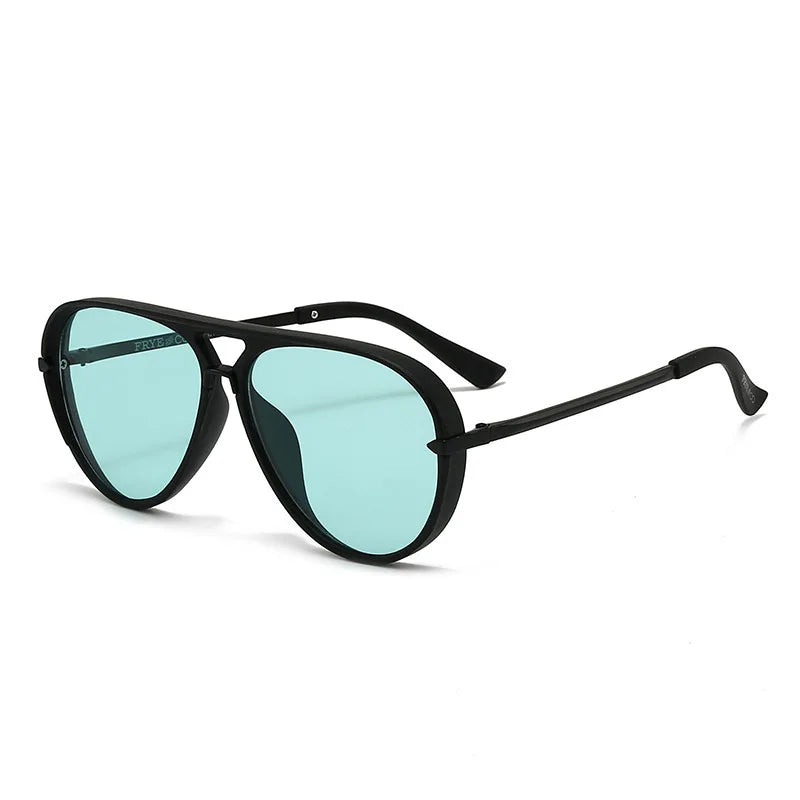 A pair of light blue-green fashion protective sunglasses with black frames.