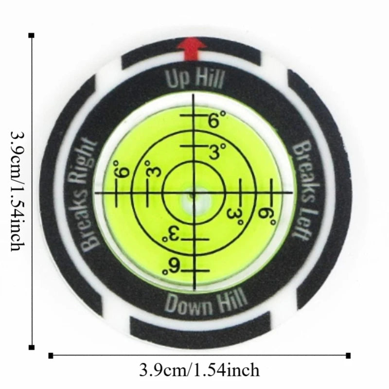 A circular golf ball marker and slope meter with a compass design showing angles for up hill, down hill, and breaks left/righ