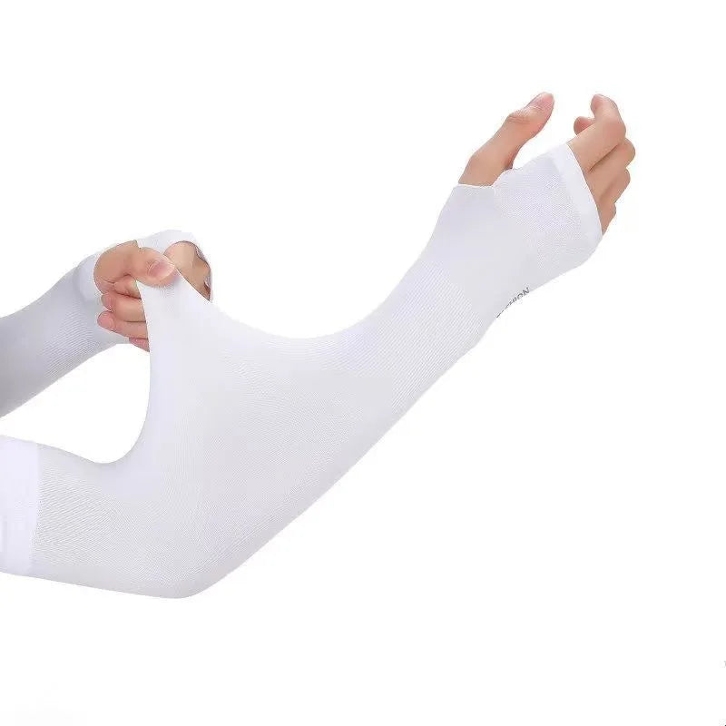White UV protection cooling arm sleeve worn on an arm.