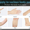 Various foam elastic skin bandages applied to fingers, hands, wrists, elbows, legs, and ankles for injury protection.