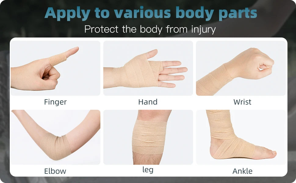 Various foam elastic skin bandages applied to fingers, hands, wrists, elbows, legs, and ankles for injury protection.