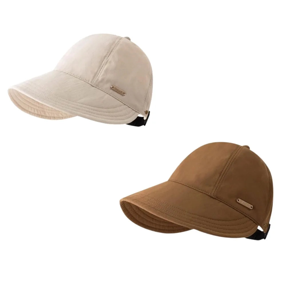 Gorra de béisbol de ala ancha para protección UV en dos colores: beige claro y marrón.