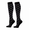 Pair of black compression elastic socks with a white geometric pattern