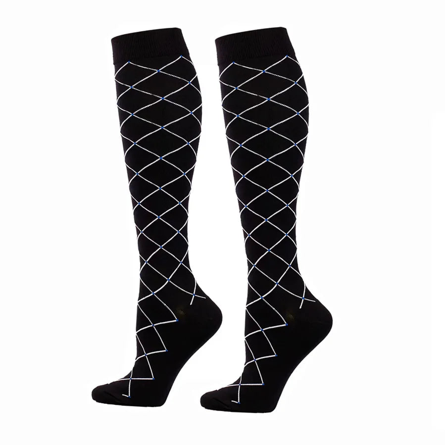 Pair of black compression elastic socks with a white geometric pattern