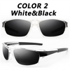 Paire de lunettes de soleil blanches et noires, vues en deux angles, avec et sans monture.