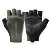 A pair of black cycling gloves designed for mountain biking with textured grip and padded fingers.