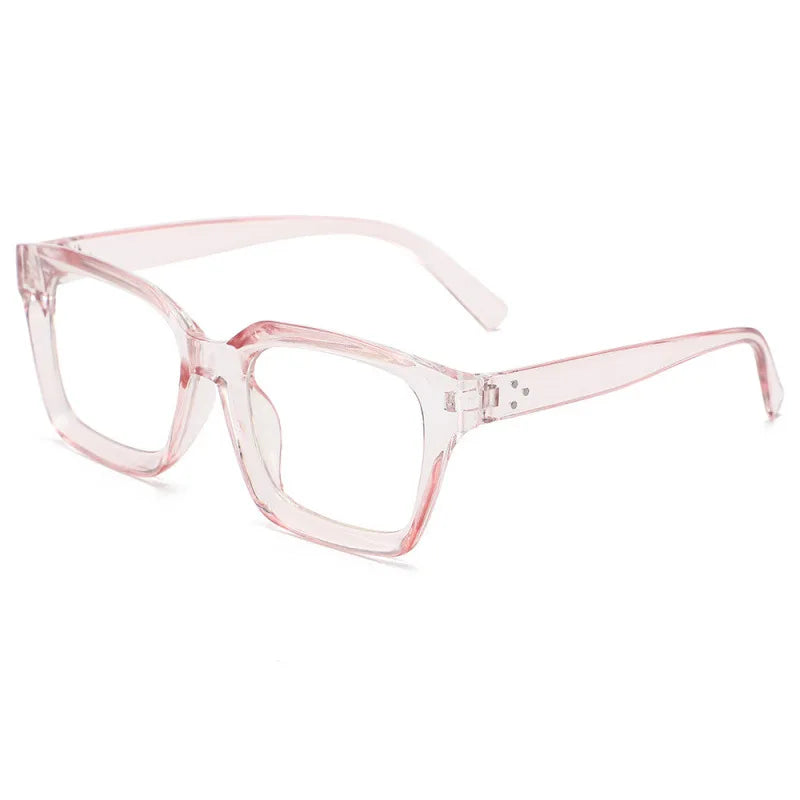 Pink square anti-blue light eyewear with clear frames shown against a white background