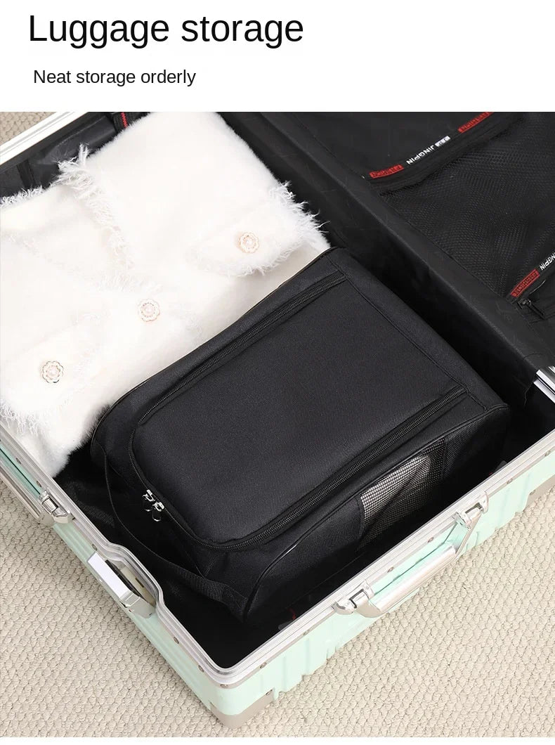 A black shoe carrier bag lined with white faux fur is shown inside an open suitcase.