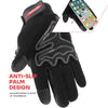 Gants de moto tactiques noirs avec paume antidérapante, à côté d'un smartphone.