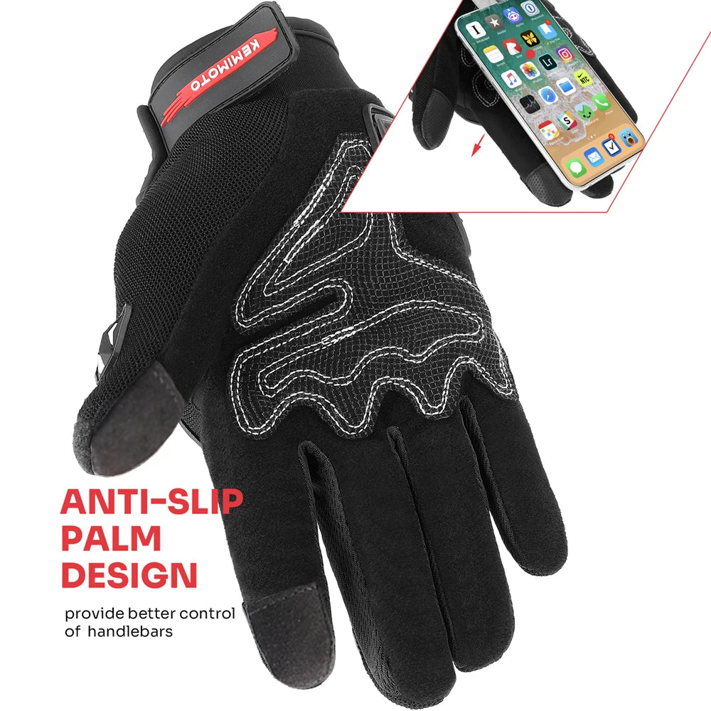 Gants de moto tactiques noirs avec paume antidérapante, à côté d'un smartphone.