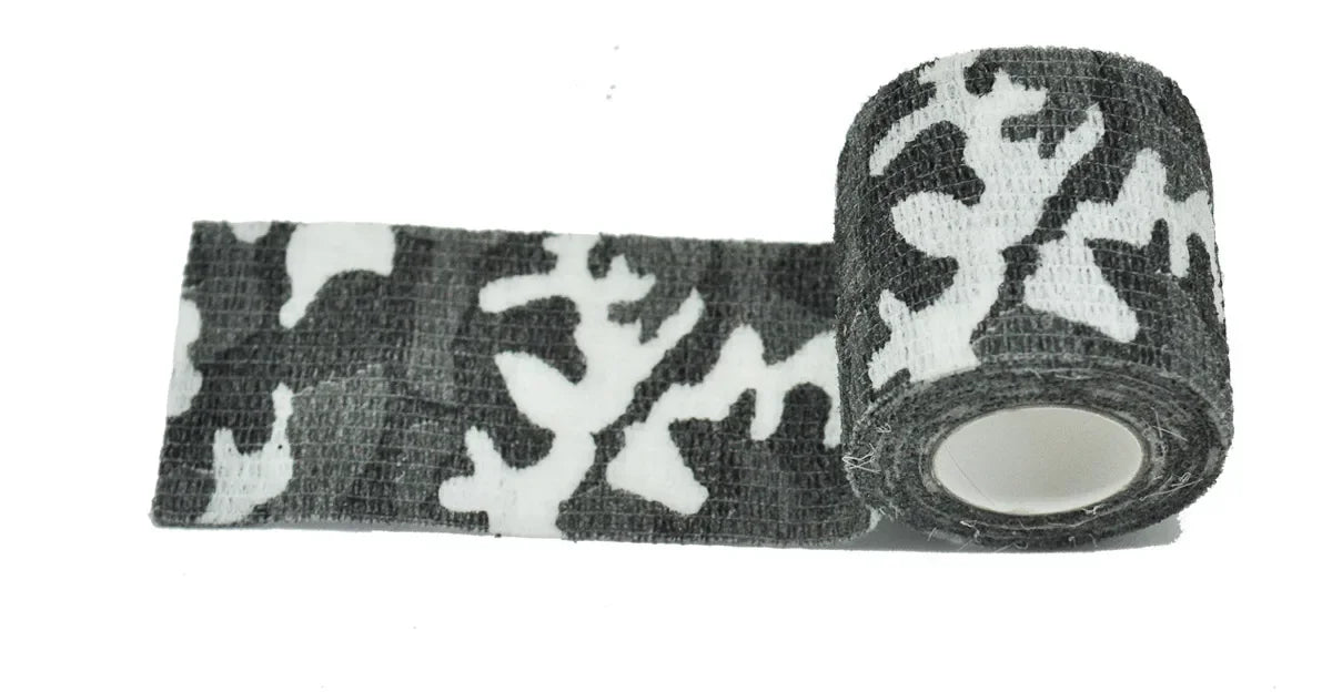 Roll of camouflage elastic wrap tape with a black and white leopard print pattern