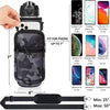 Botella de agua aislada negra con funda y correa junto a varios tamaños de smartphones.