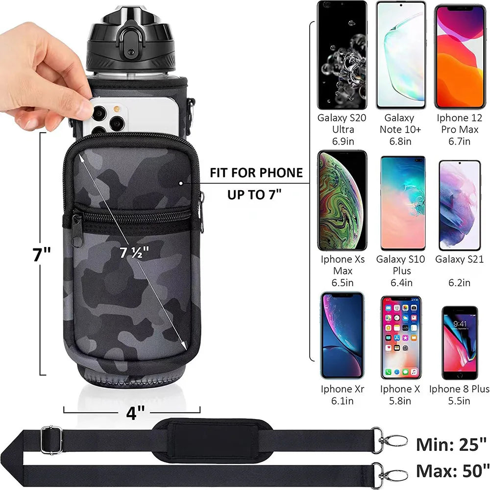 Botella de agua aislada negra con funda y correa junto a varios tamaños de smartphones.
