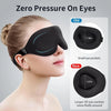 A woman is wearing a black zero pressure on eyes sleep mask, comparing an old version to a new version.