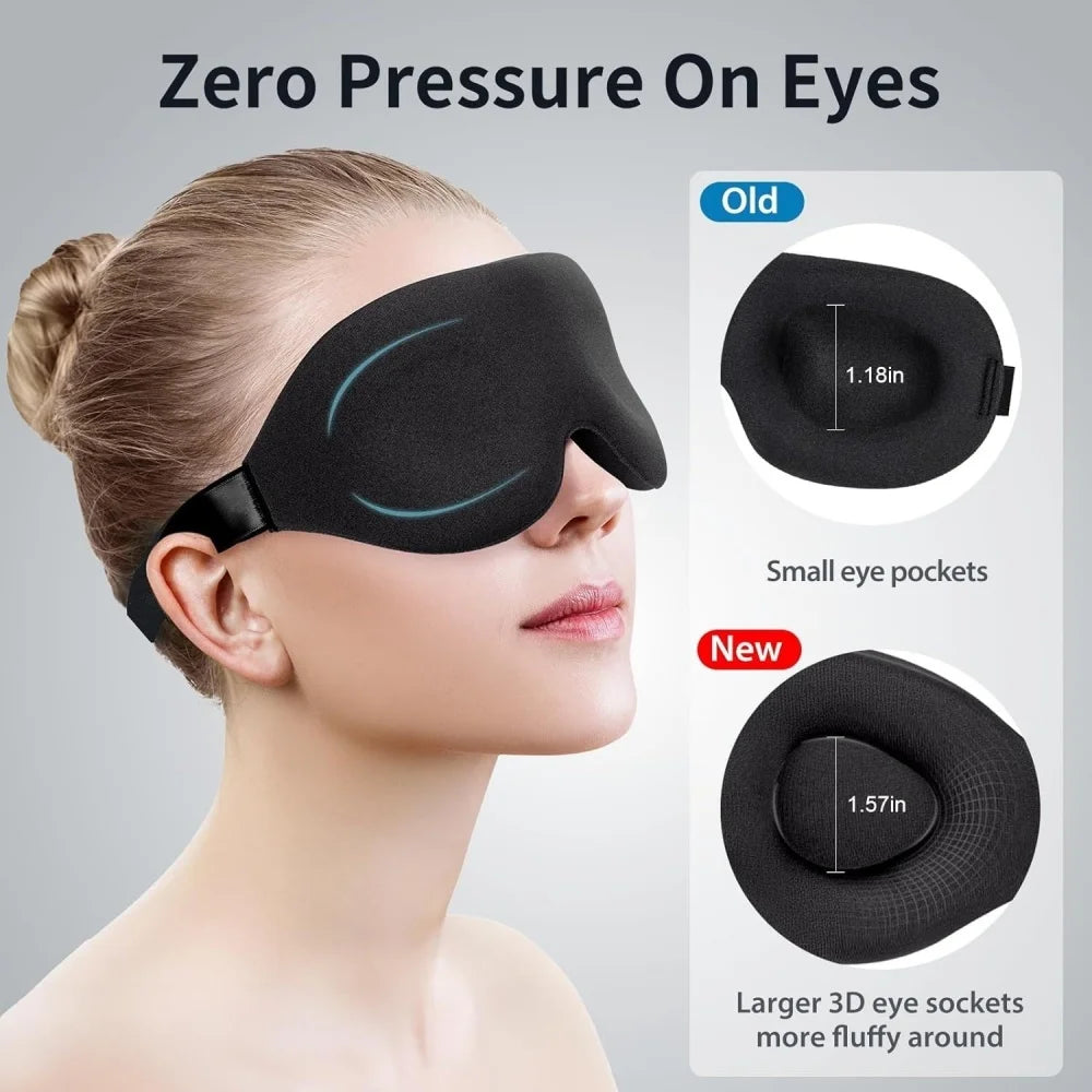 A woman is wearing a black zero pressure on eyes sleep mask, comparing an old version to a new version.