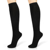 A pair of black moisture-wicking sports compression socks shown on a foot.