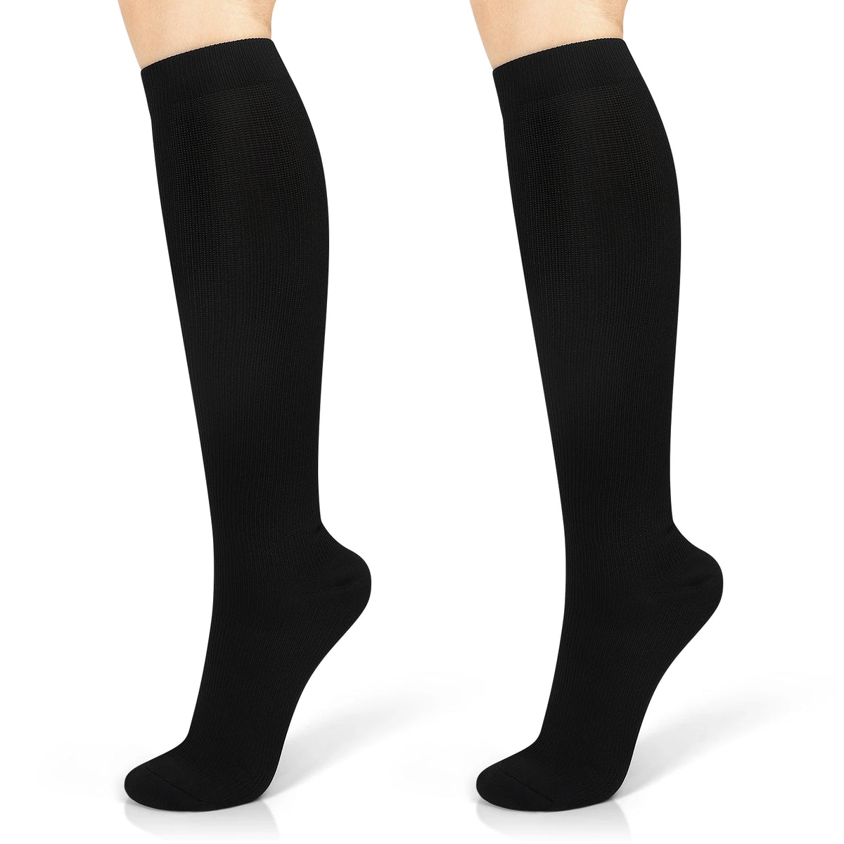 A pair of black moisture-wicking sports compression socks shown on a foot.